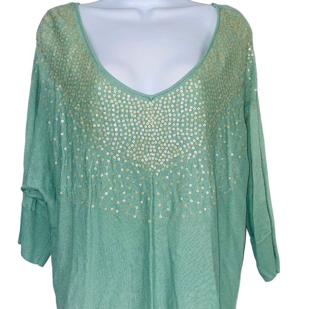Elle Womens Sweater Size L Green 3/4 Sleeve V Neck Sequins